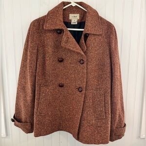 L.L. Bean Women's Wool Blend Rust Tweed Double-Breasted Peacoat